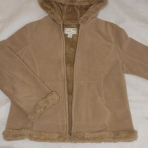 Women's Green Tea Hooded Coat/Jacket. Tan in color with faux fur lining.
